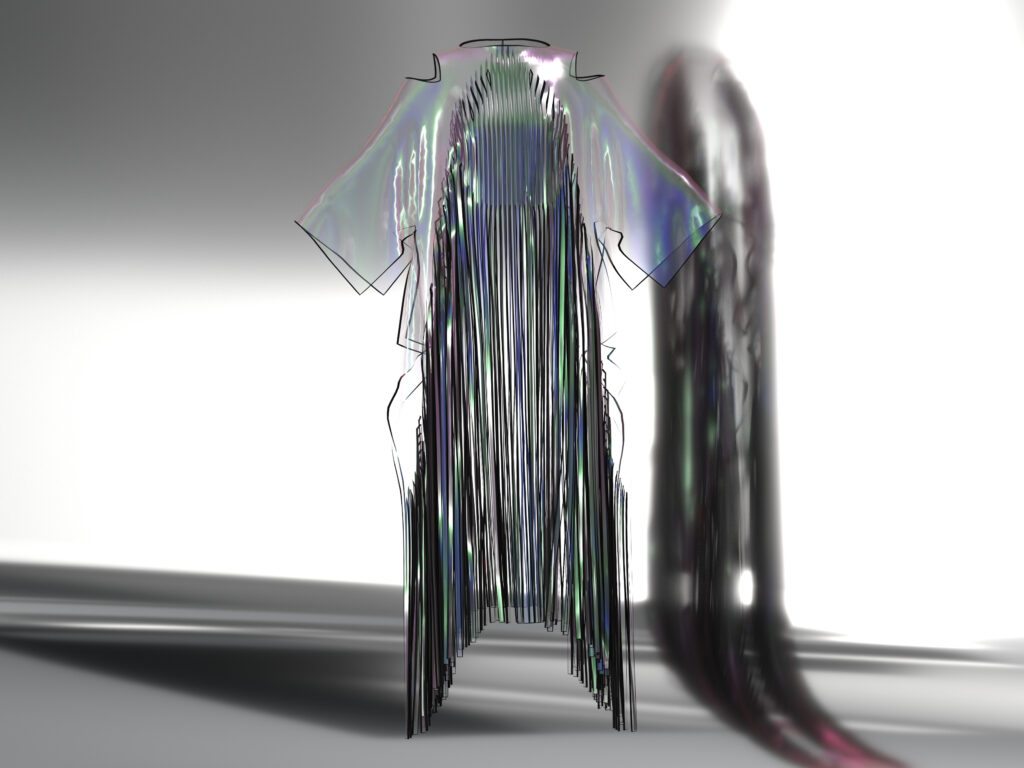 Rendering eines transparenten, irisierenden Kimonos mit Fransen am Saum vor einer spiegelnden Rückwand
